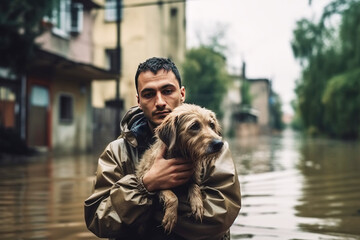 A male rescuer helps a frightened pet dog evacuate in a flood. A devastating natural disaster. AI generated.