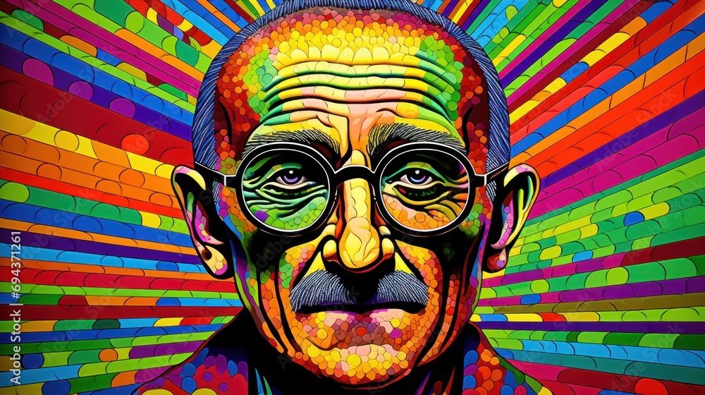 Aufkleber a painting of a man with glasses and a mustache in front of a multicolored background of lines and d