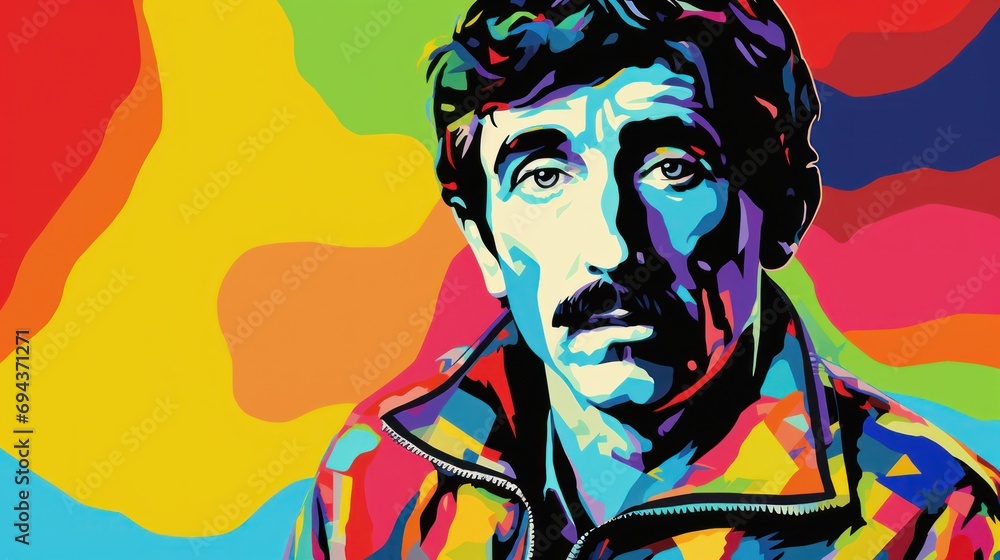 Poster  a painting of a man's face in a multicolored image of a man with a moustache.