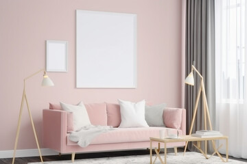 Poster frame mockup interior design in pink soft colors, pink sofa. AI generated.