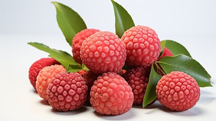 Bunch of lychees on a plain white backdrop