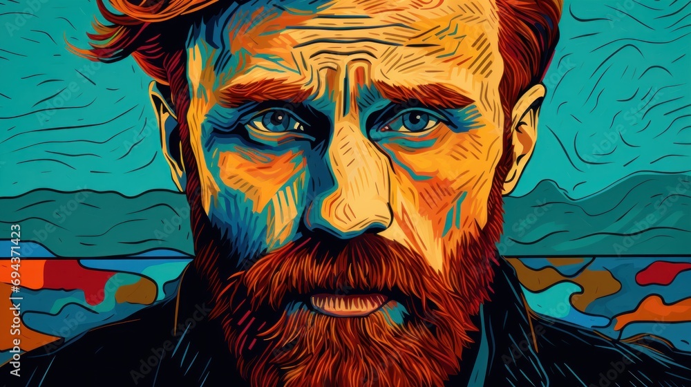 Poster a close up of a person with a beard and a blue sky in the background and a painting of a man with a 