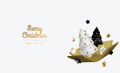 New Year or Christmas sales design template. Vector illustration. Winter background with decorative gift box and gold stars
