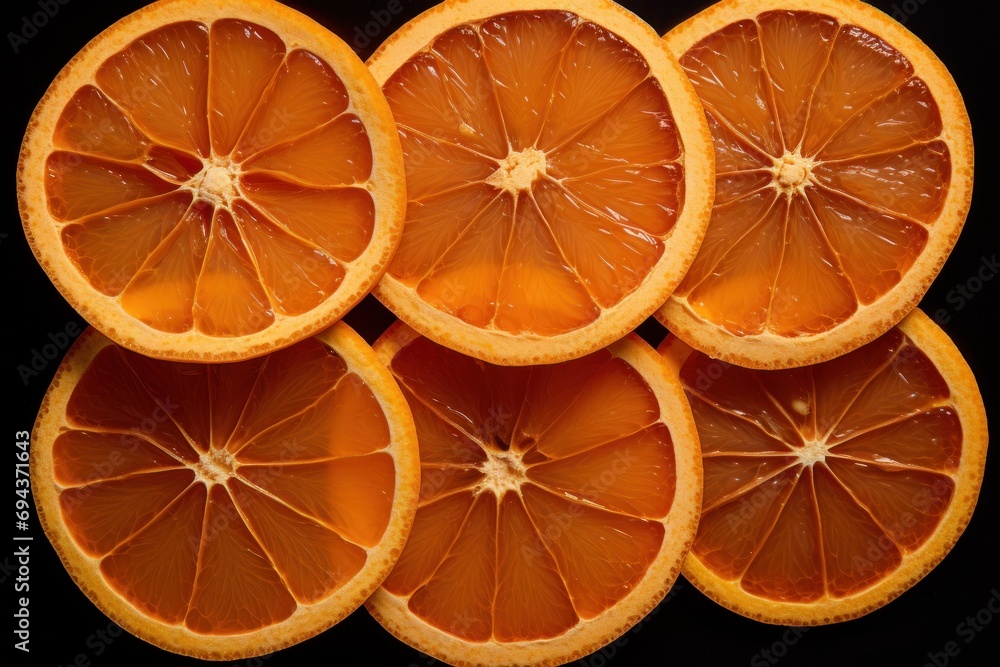 Poster a group of sliced oranges sitting on top of each other on top of a black table next to each other.