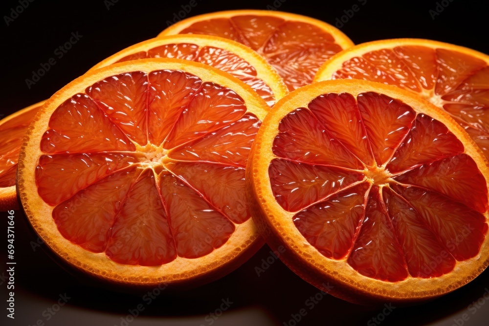 Poster a group of sliced oranges sitting on top of each other on top of a black table next to each other.