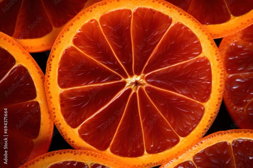 Poster a close up of a grapefruit cut in half with other grapefruit slices in the foreground.