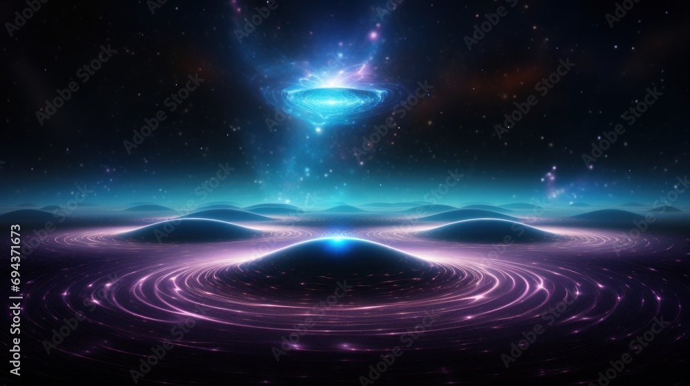 Poster an image of a space scene with a star in the middle of the image and a distant object in the middle 