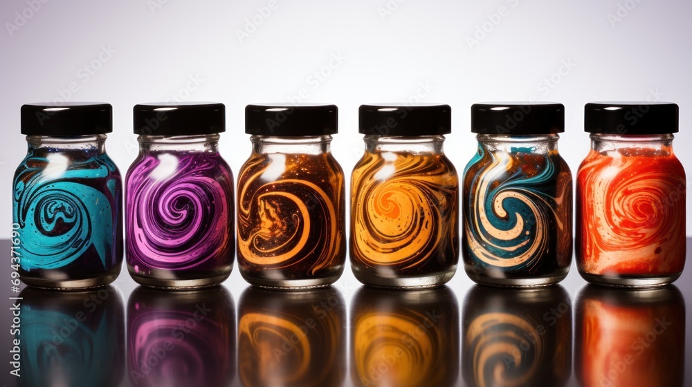 Poster a row of glass jars with different colored swirls on the top of the jars and the bottom of the jars 