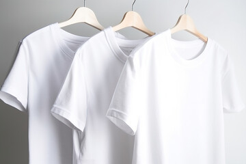 Group of white fashionable modern sports home t-shirts of classic design, white background. AI generated.