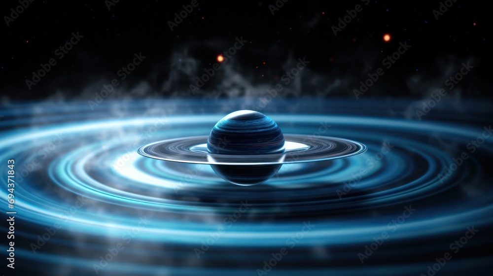 Poster  an artist's rendering of a ringed planet floating in a body of water with a ring around it.