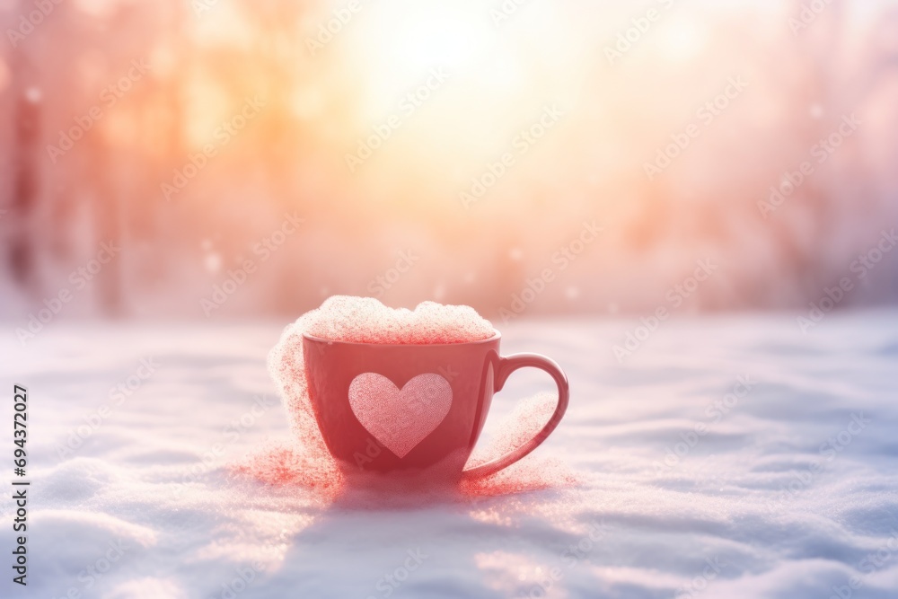 Poster a cup of coffee with a heart on it sitting in the middle of a snow covered field with trees in the b