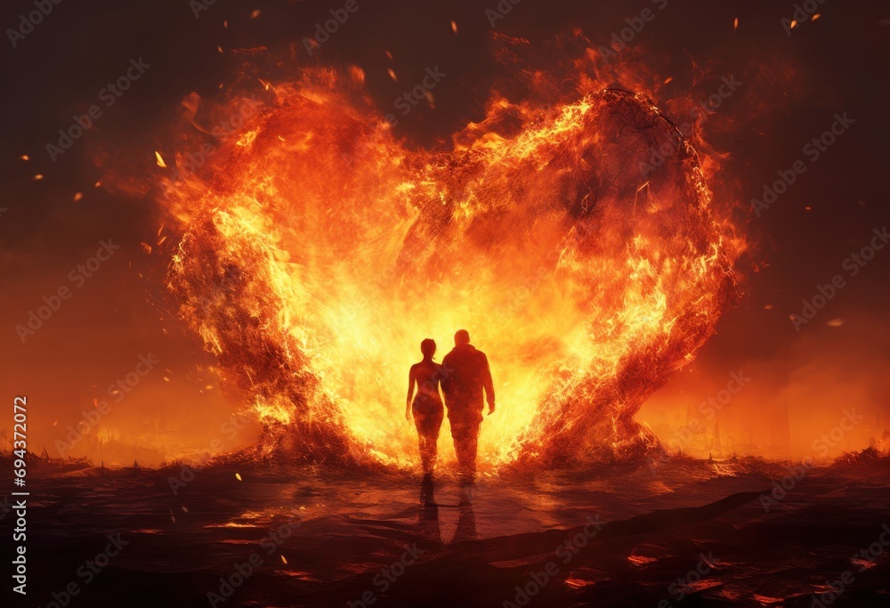 Poster a man and a woman standing in front of a huge heart shaped object in the middle of a field of fire.