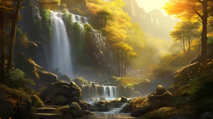 Washable wall murals Forest river waterfall in autumn forest