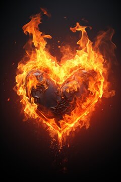 a heart that is on fire in the middle of a black background with red and yellow flames in the shape of a heart.
