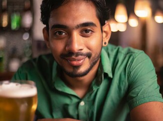 Mexican brunette handsome man drinking beer on a bar