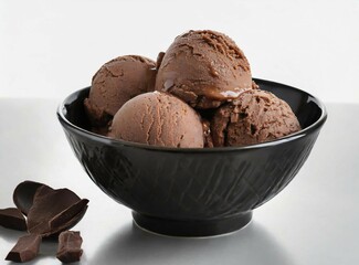 Chocolate ice cream in black bowl, isolated on white background