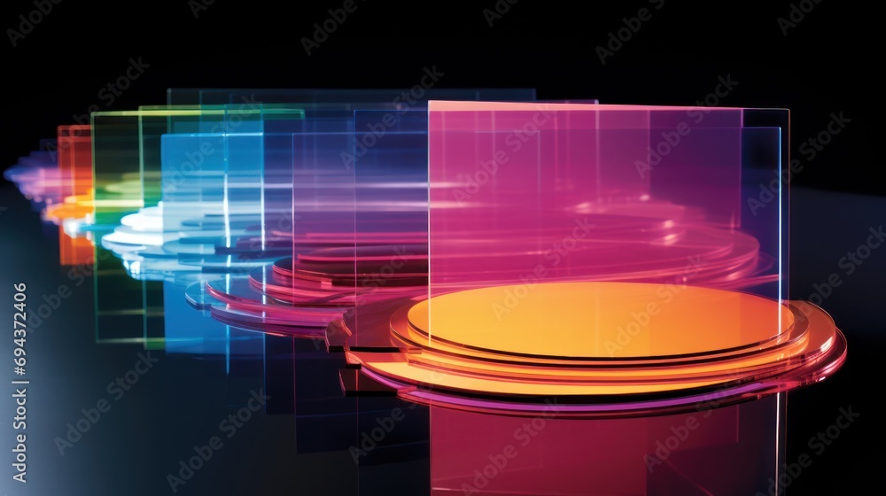 Poster a group of colorful plates sitting next to each other on top of a black table with a black back grou