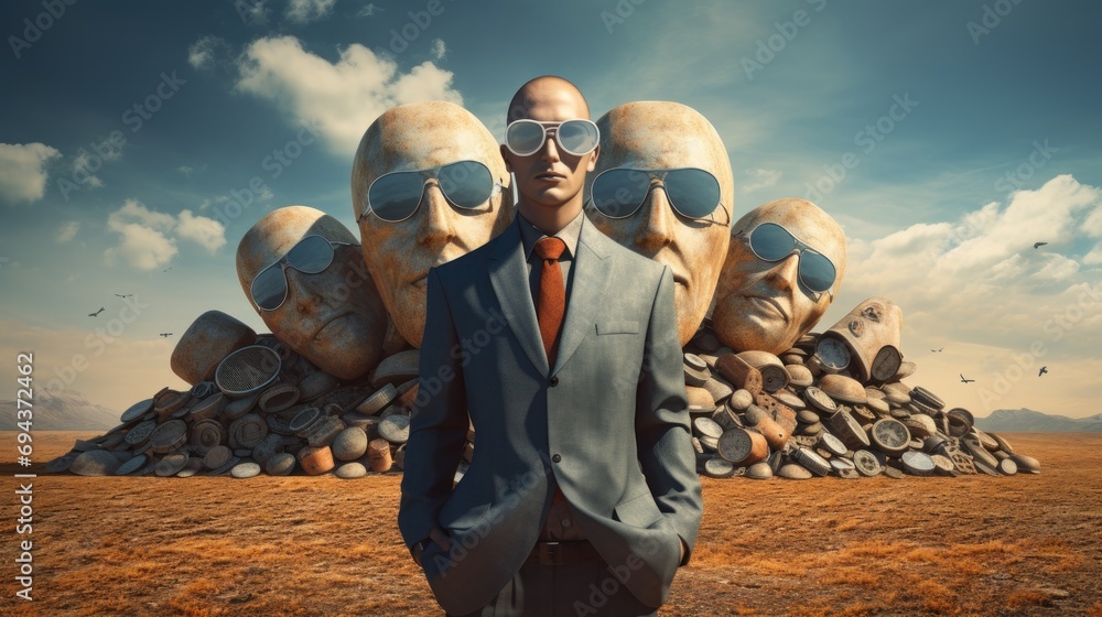 Aufkleber a man in a suit and sunglasses standing in front of a pile of rocks with three heads in the backgrou