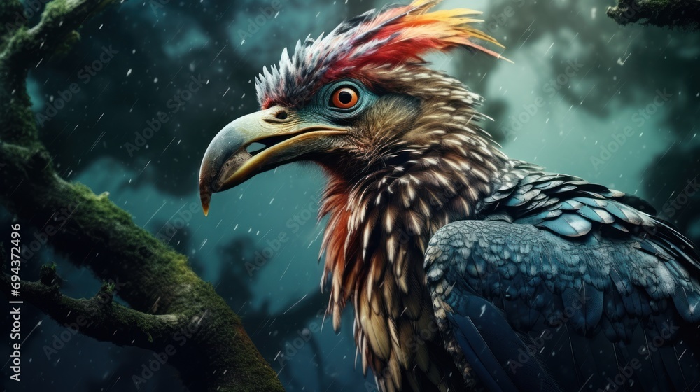 Poster a close up of a bird on a tree branch in the rain with a background of trees and a sky.