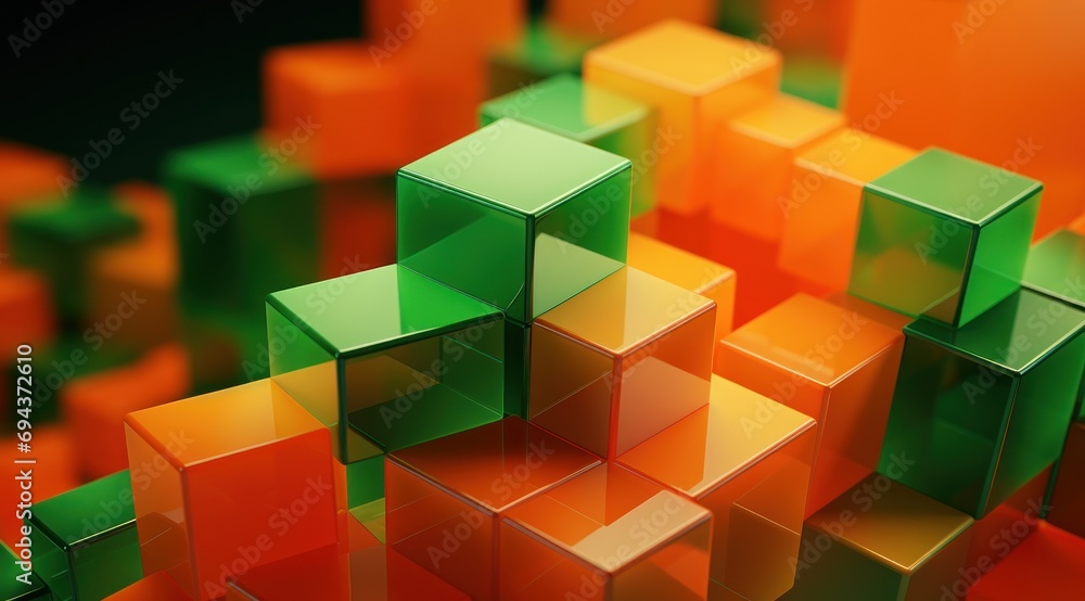 Poster a group of green and orange cubes in the middle of an orange and green pattern of squares and rectan