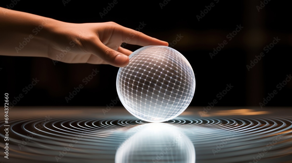 Poster a close up of a person touching an object with a light reflecting on the surface of the image on a b