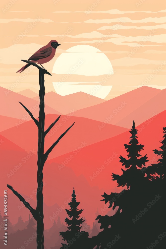 Poster a bird sitting on top of a tree branch in front of a mountain range with a sunset in the background.