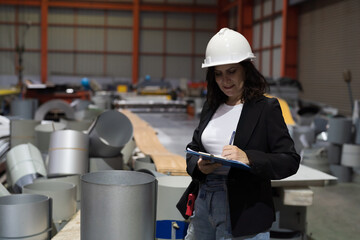 Female factory worker working using digital tablet inspecting quality of rolls of galvanized or...