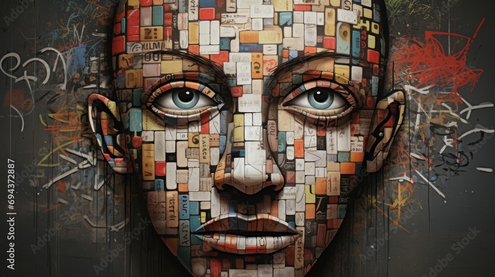Poster a close up of a person's face made out of many different colored blocks of paper with graffiti all o