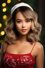 Portrait of a Beautiful Woman in a Christmas Sweater with Santa Claus Design