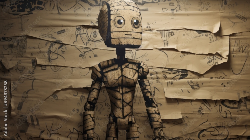 Poster a drawing of a robot standing in front of a wall covered in torn up pieces of paper with writing on 