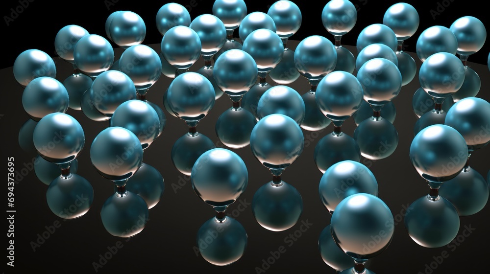 Poster a large group of shiny blue balls on a black background with a reflection of the ball in the middle 