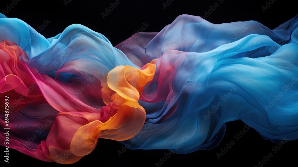 Poster a close up of a multicolored object on a black background with a long stream of smoke coming out of 