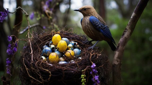 A bowerbird showcasing its collection to attract a mate.