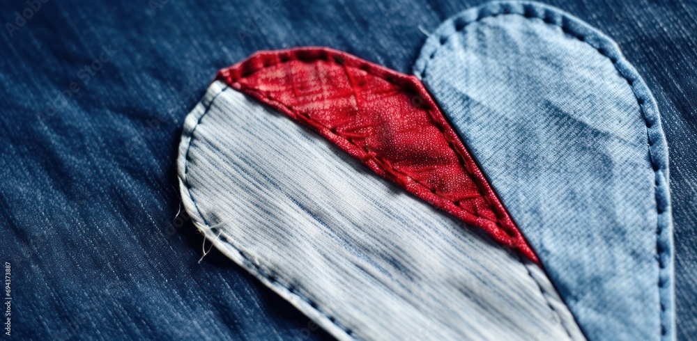 Poster a patch in the back of a pair of jeans with a red and white patch in the middle of the pocket.