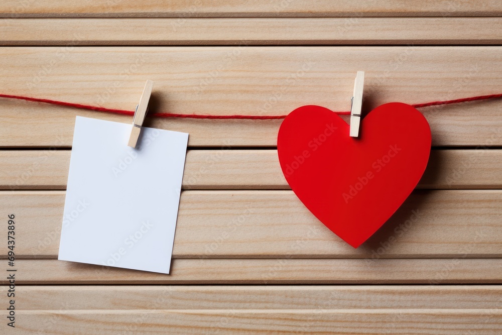 Poster a red heart hanging on a clothes line with a blank note hanging on a clothes line with a red string.