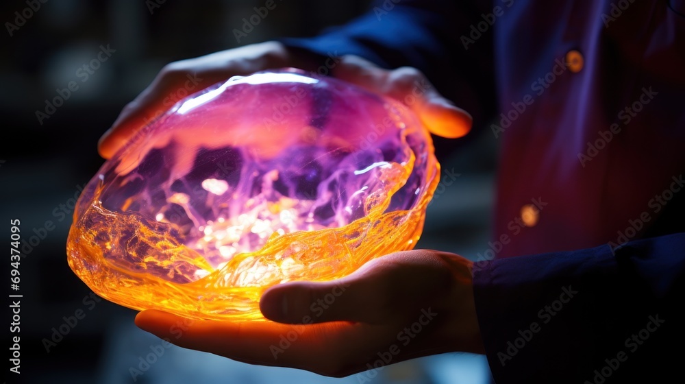 Aufkleber a close up of a person holding a glowing object in their hands with a blurry image in the background