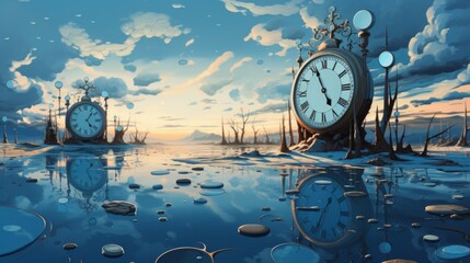 Surreal landscape with clocks, reflecting the concept of time and eternity in a dream-like setting. - obrazy, fototapety, plakaty
