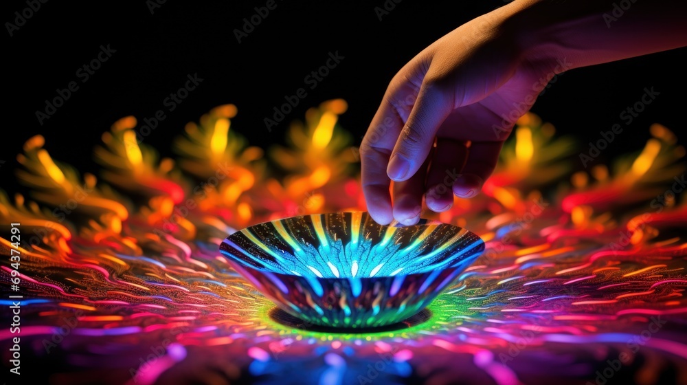 Poster a close up of a person touching a colorful object on a black background with a hand on top of it.