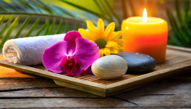 Spa essentials (candles, colorful flowers, soap, towels and spa stones)