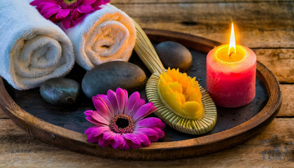 Fototapeta na wymiar Spa essentials (candles, colorful flowers, soap, towels and spa stones)