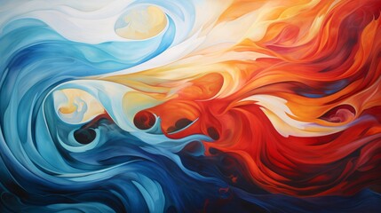 Vibrant abstract art depicting fluid fire and water dance, ideal for modern decor and creative projects. - obrazy, fototapety, plakaty