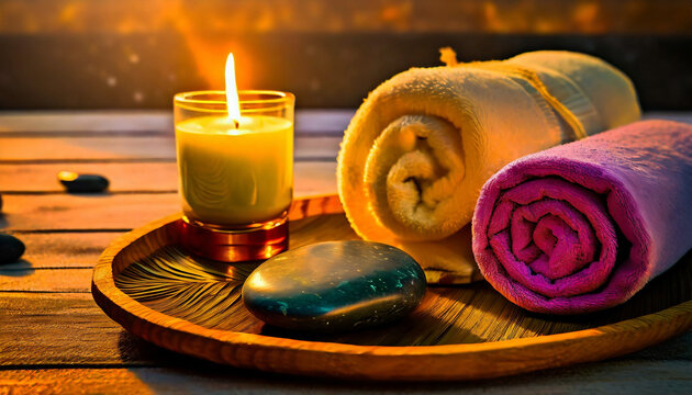 Spa essentials (candles, colorful flowers, soap, towels and spa stones)