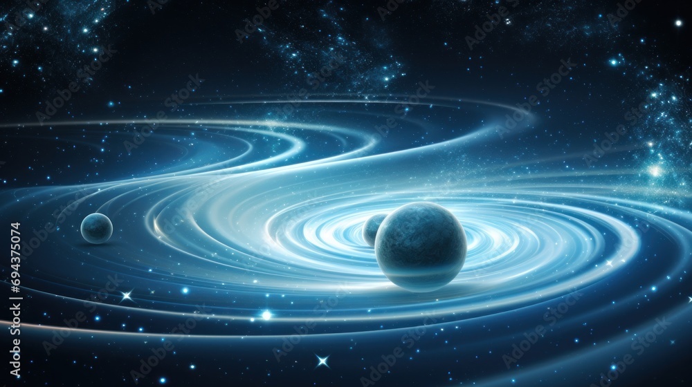 Poster an artist's rendering of a solar system with two planets in the foreground and a spiral of stars in 