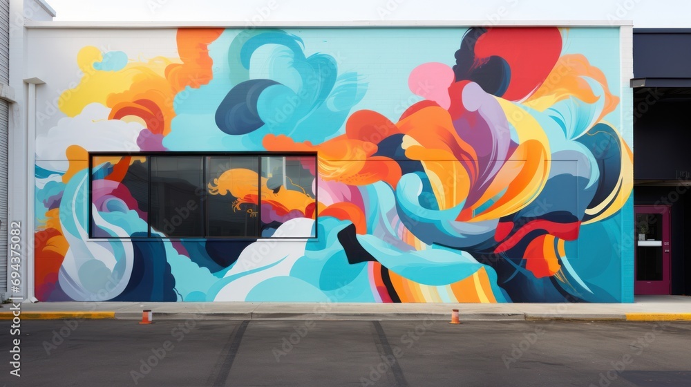 Poster a large painting on the side of a building that has a parking meter in front of it and a fire hydran