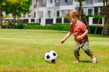 Fototapeta premium My son enjoys playing football in the backyard. Happy little child in nature in the park
