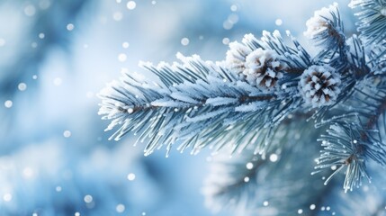 Blue spruce branch in the snow close-up