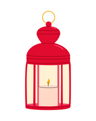Flat vector illustration of a decorative lantern with a candle. A festive decorative lamp for the interior. Isolated design on a white background.