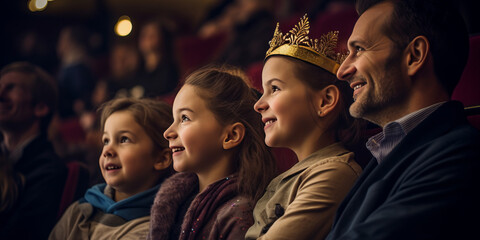 kids Audience members watching a performance in a theater with girl wearing a crown. - obrazy, fototapety, plakaty