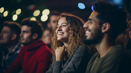 a group of people as an audience watching concert, watching attentively under vibrant, colorful lights.