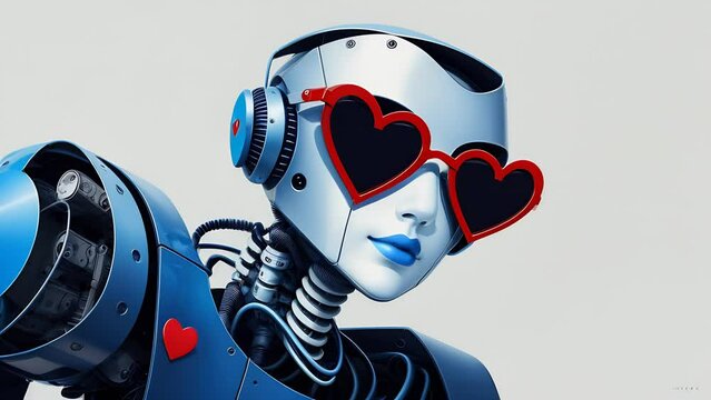 Futuristic robot with a blue head and heart-shaped glasses surrounded by hearts, Concept: artificial intelligence and emotions
